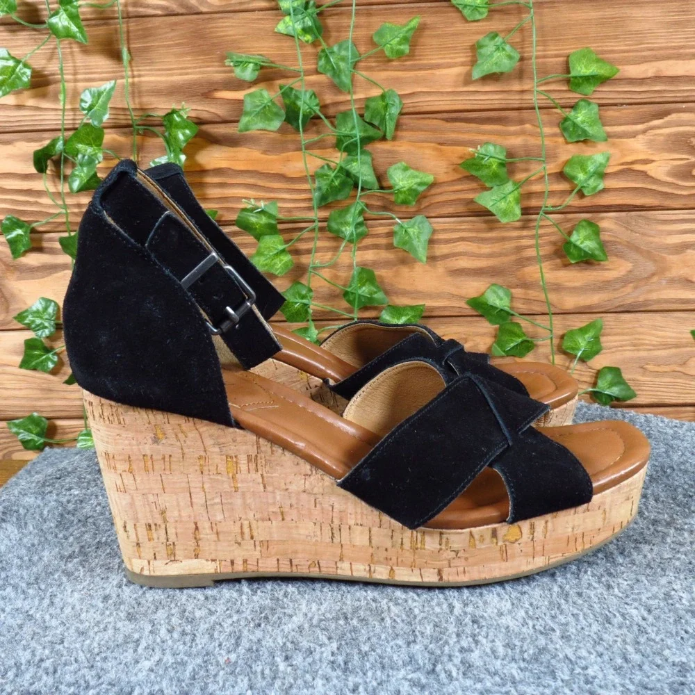 Crown‎ Vintage Chalina Women Platform Wedge Sandals Size 8 Casual Black Leather